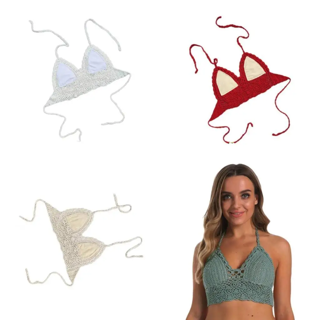 

Y1UC Women Sexy Backless Hollows Out Halters Neck Top Crochet Halters Swimming Top