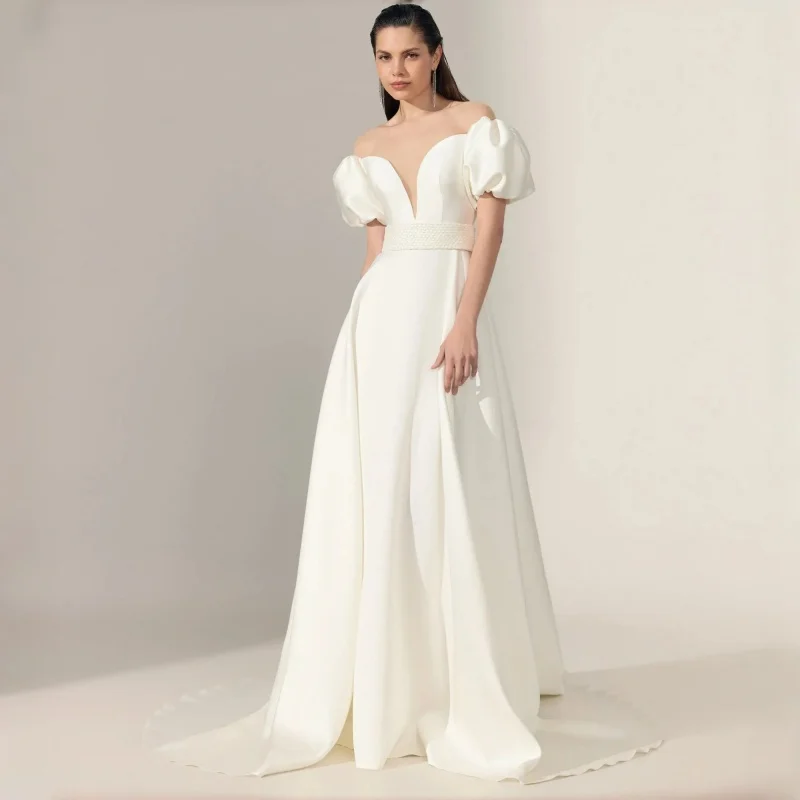 

A-Line Wedding Dress Detachable Puff Sleeves Illusion Mesh Deep V-Neck Inset Bead Belt Button Back And Invisible Zipper Custom