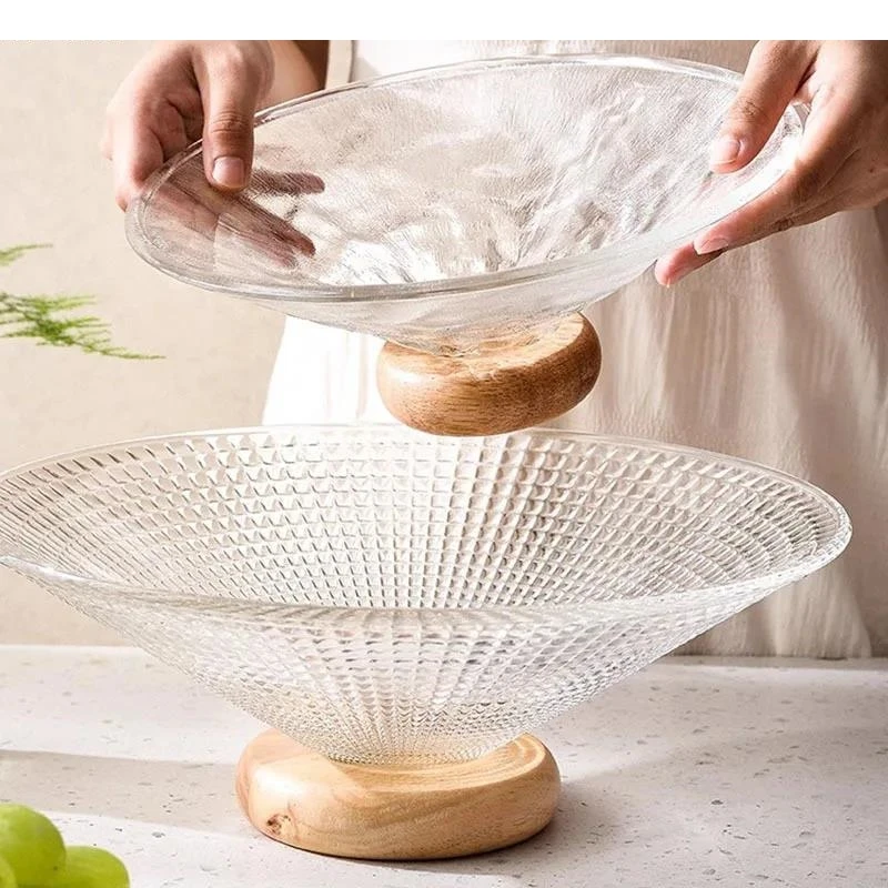 Texture Glass Fruit Plate Wooden Base Transparent Candy Living Room Snack Nut Plates Home Storage Tray