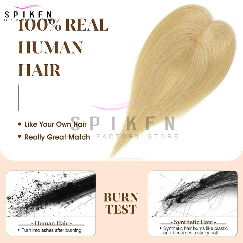 SPIKFN 5x9cm 실제 인간의 머리카락 토퍼 8 "-14" 천연 스트레이트 탑 헤어피스 금발 갈색 머리 토퍼 중간 부분 (Bangs 포함)