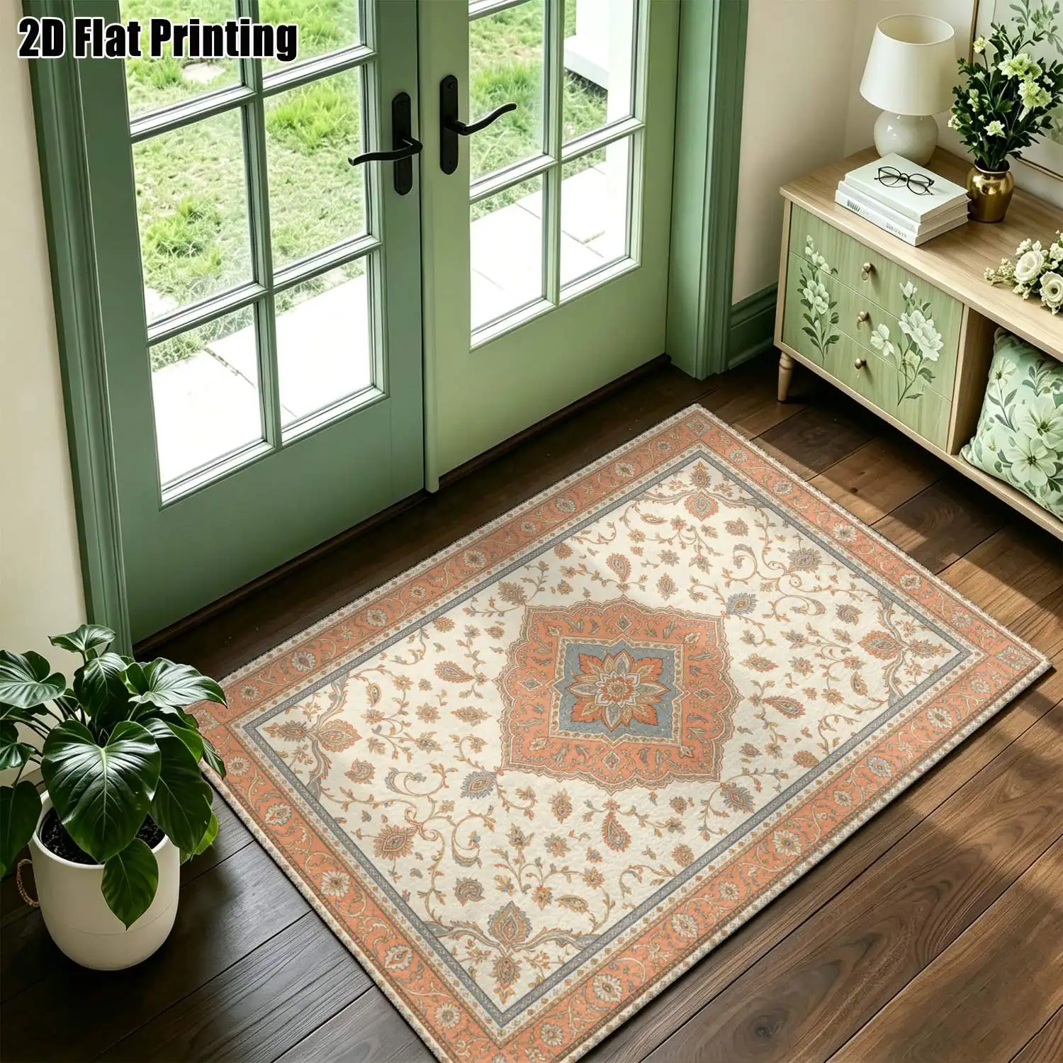 1Pc 2D Printed Carpet: Warm Brown Retro Scrolling Flower, European Style, Machine Washable, Multi-Size, Multi-Scene Home Decor