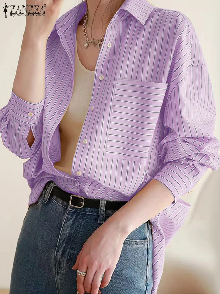 ZANZEA Korean Fashion Pocket Tops  Women Long Sleeve Tops Casual Loose Stripe Splicing Shirts Elegant Button Lapel Collar Tunics