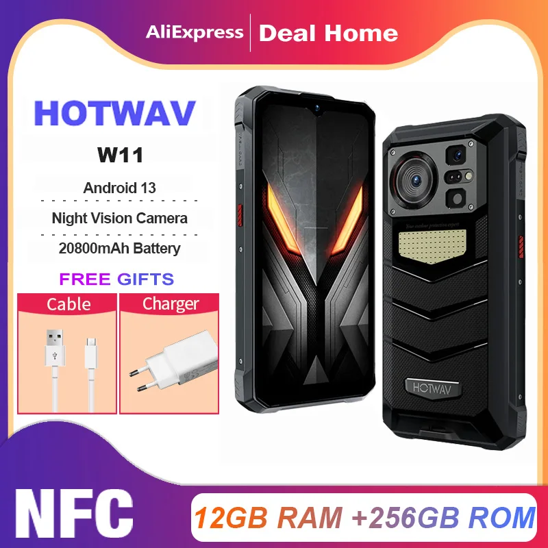 HOTWAV W11,12 Гб+256 Гб,4G Rugged,20800 мАч,280LM مصباح يدوي، NFC، 6.6 بوصة FHD+، كاميرا ليلية 24 ميجابكسل، NFC، نسخة عالمية