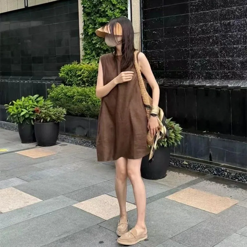 Laid-back Style Coffee Color Simple Elegance Summer New round Neck Sleeveless Short Skirt Vest Dress Small Size Dress