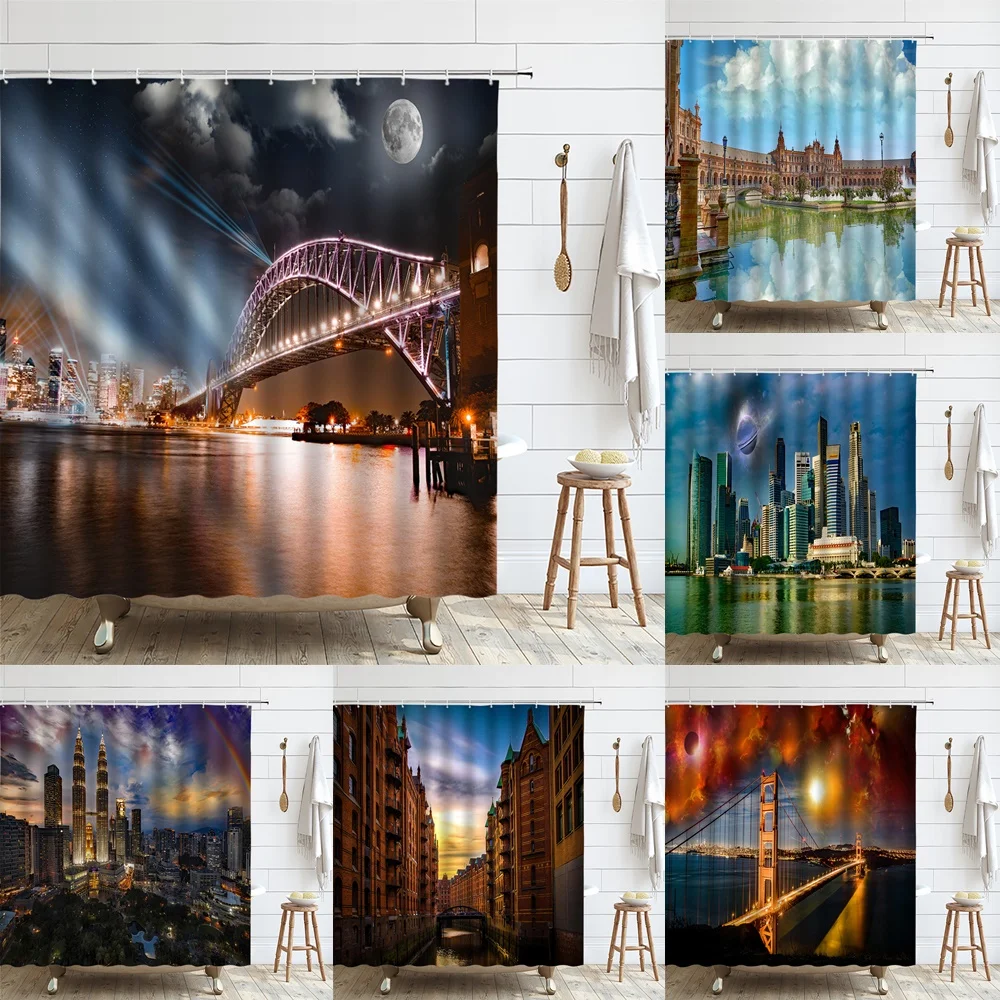 

World Famous Building Scenery Shower Curtain New York Golden Gate Bridge City Night Landscape Cloth Bathroom Curtains Set Home