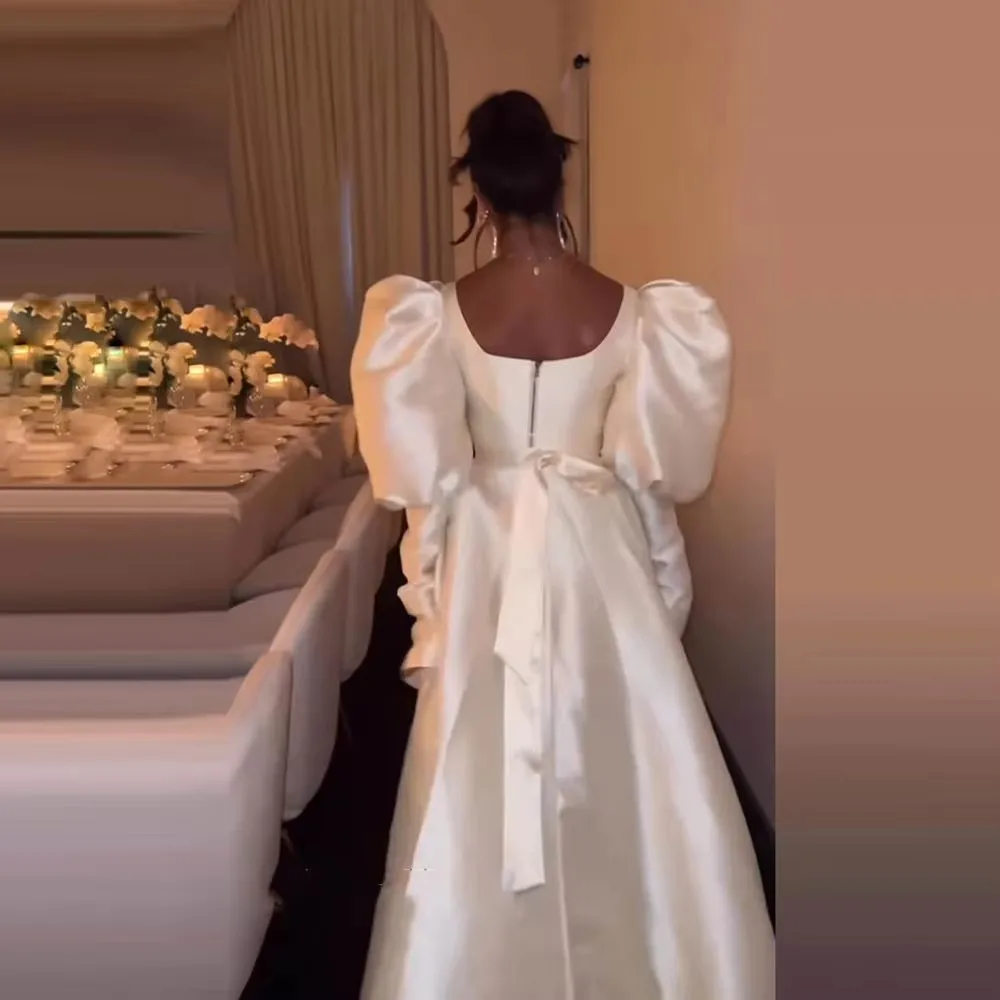 2025 High Low Simple Satin Wedding Dresses Custom Made Wedding Reception Dress With Puffy Long Sleeves Beach Bridal Dress