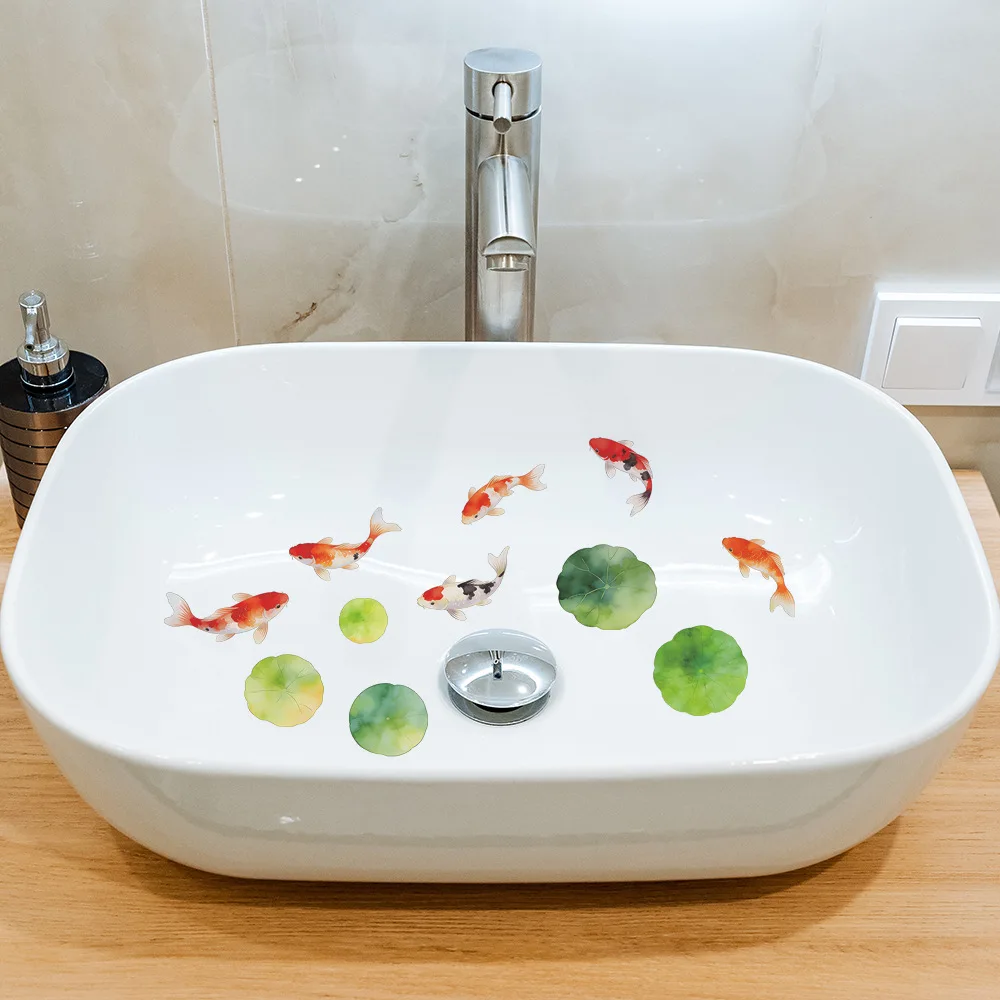Home Beautification Decoration Stickers Self Adhesive Watercolor Koi Lotus Leaf Theme Toilet Bathroom