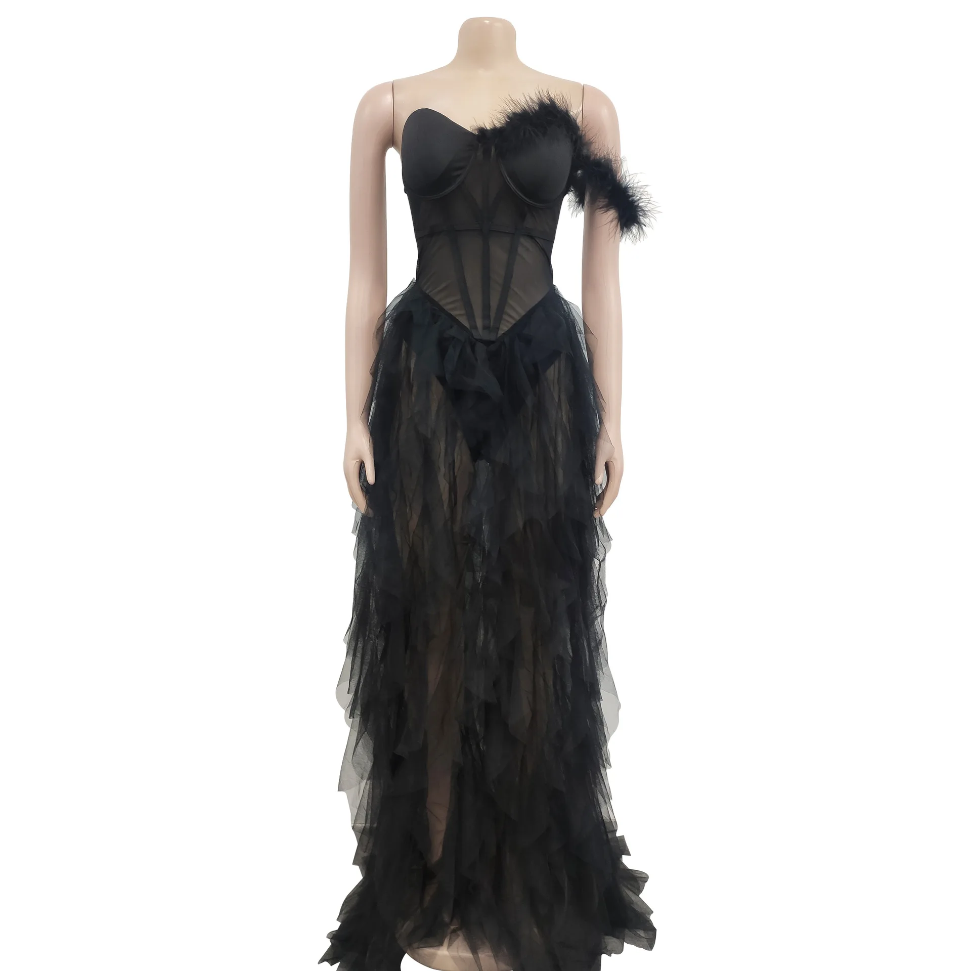 Neue Mode Sexy Ärmelloses Trägerloses Mesh Sheer Fit Und Flare Einfarbig Slim Fit Bodenlanges Kleid Für Frauen, 4 farben