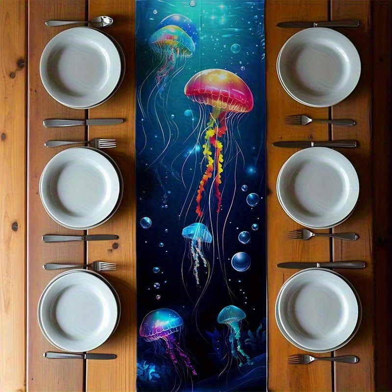 VIKAMA Dreamy Deep Sea Colorful Jellyfish Table Flag Dining Table Decor Countertop Tablecloth for Cabinets Home Decor