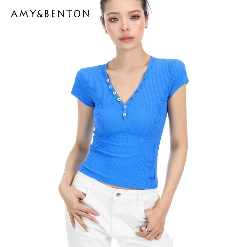 

American Design Hot Girl Button Design V-Neck Women's T-Shirts 2026 Spring Summer New Slimming Skinny Short Sleeve Tops Ladies