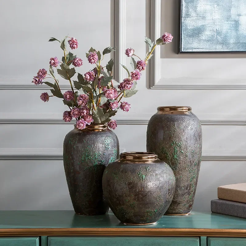 for European Retro Rough Ceramic Vase with Dried Flower Countertop Pot Ornament Home Soft Decoration Handicraft Jar Tank
