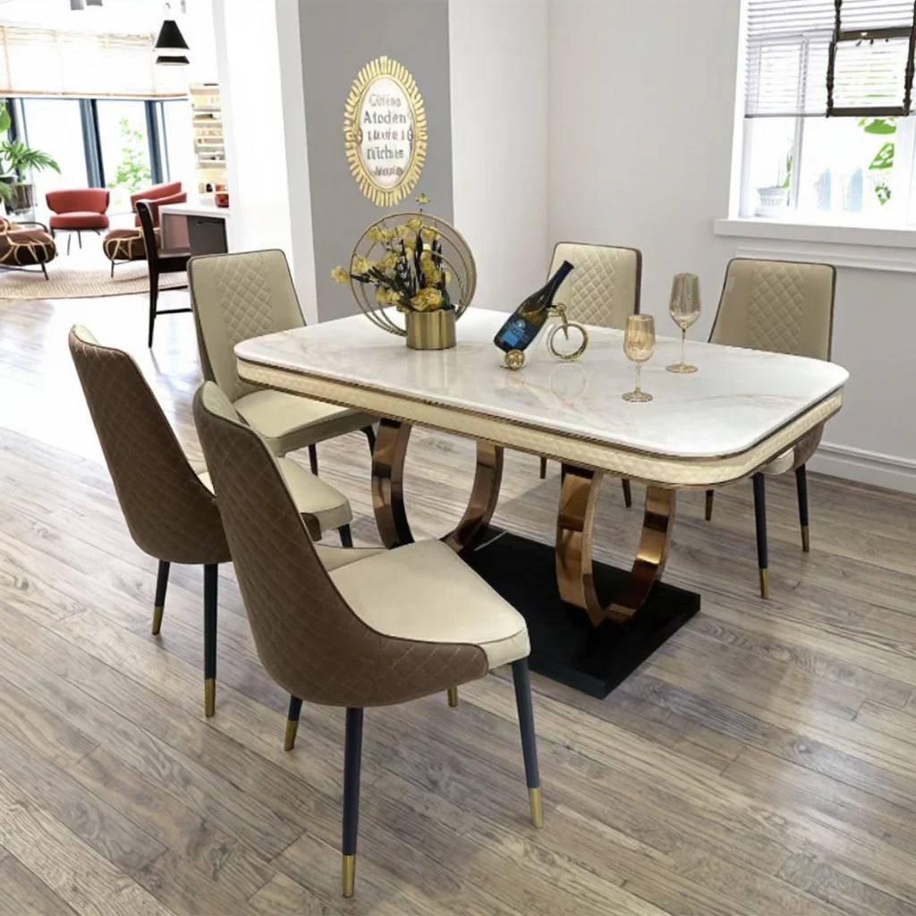 Modern Luxury Dining Table Dining Table with 6 Chairs for Wholesale Sale Stainless Steel Bottom Frame Strong and Durable.
