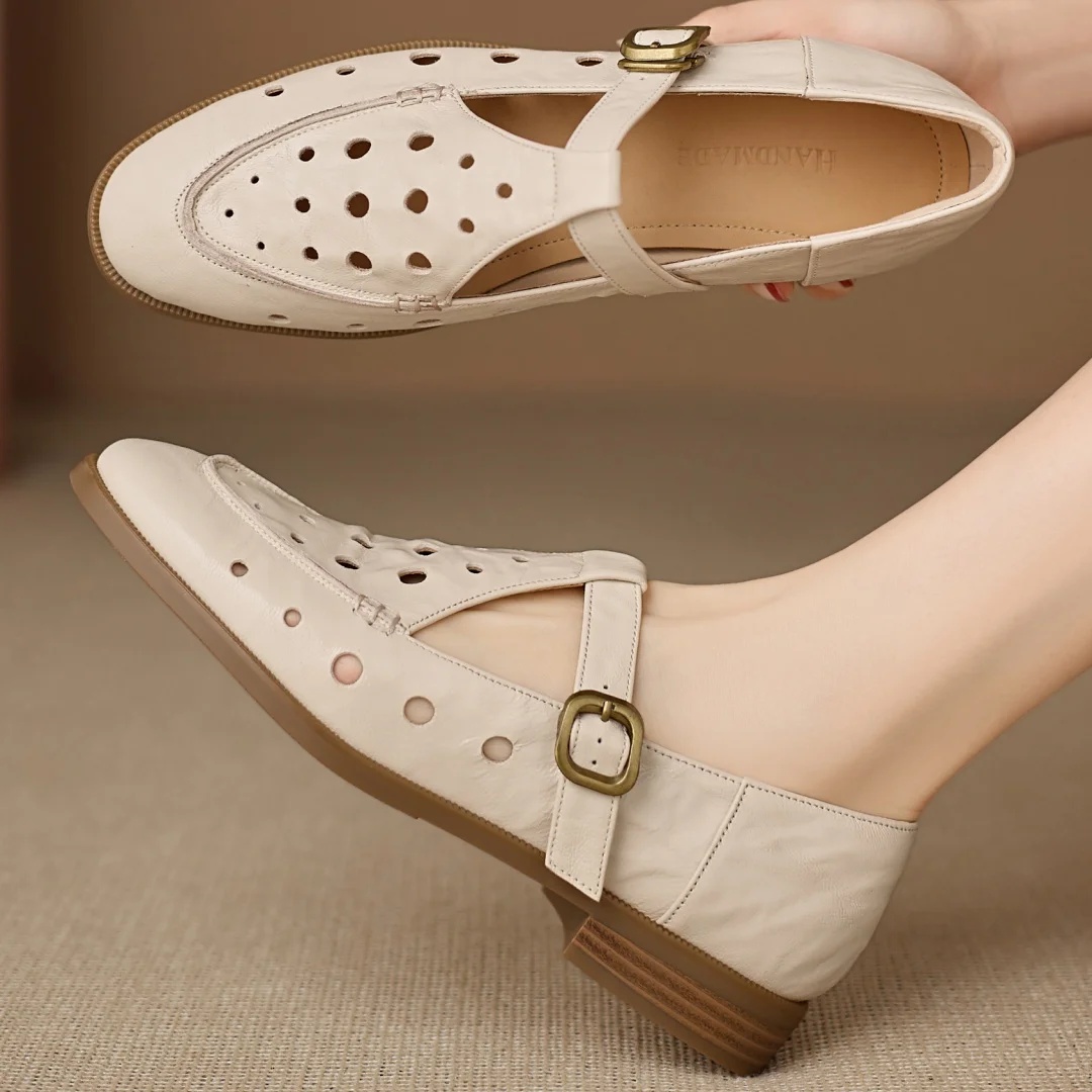 

danxuefei women's hollow-out sheepskin round toe narrow band t-strap slip-on flats loafers high quality breathable moccasins 40