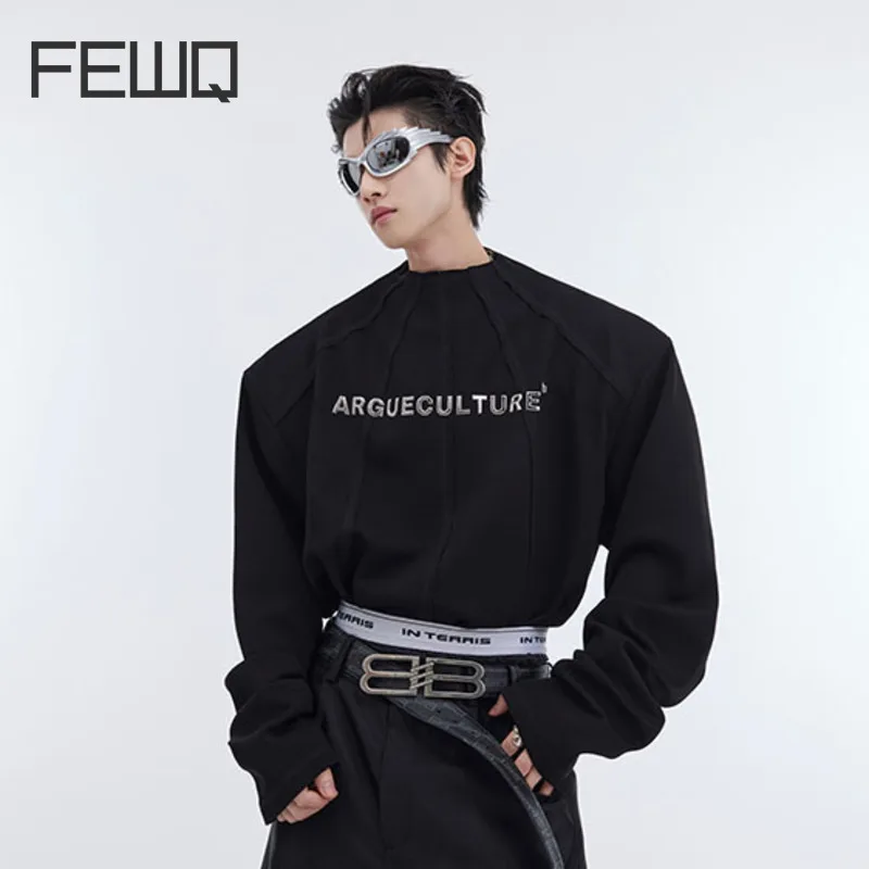 

FEWQ Niche Shoulder Pad Long Sleeved T-shirt Metal Print Design 2024 Contrast Color Round Neck Male Tops New Fashion 24X9213