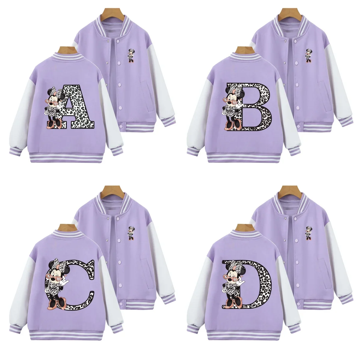 

Minnie Letter A B C D Children baseball uniform Kawaii Disney Clothes Girls coat Anime Cartoons Casual Kid Boy long sleeve Tops