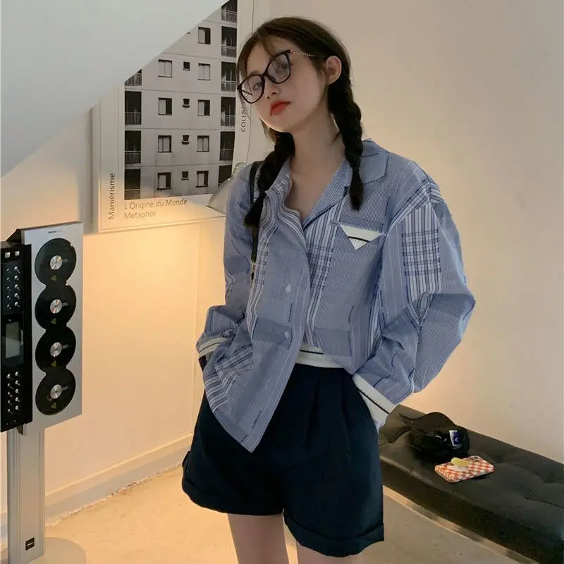 Shirts Women Casual Long Sleeve Patchwork All-match Camisas Mujer Ropa Autumn Clothing Elegant Ulzzang Retro Aesthetic Chic New