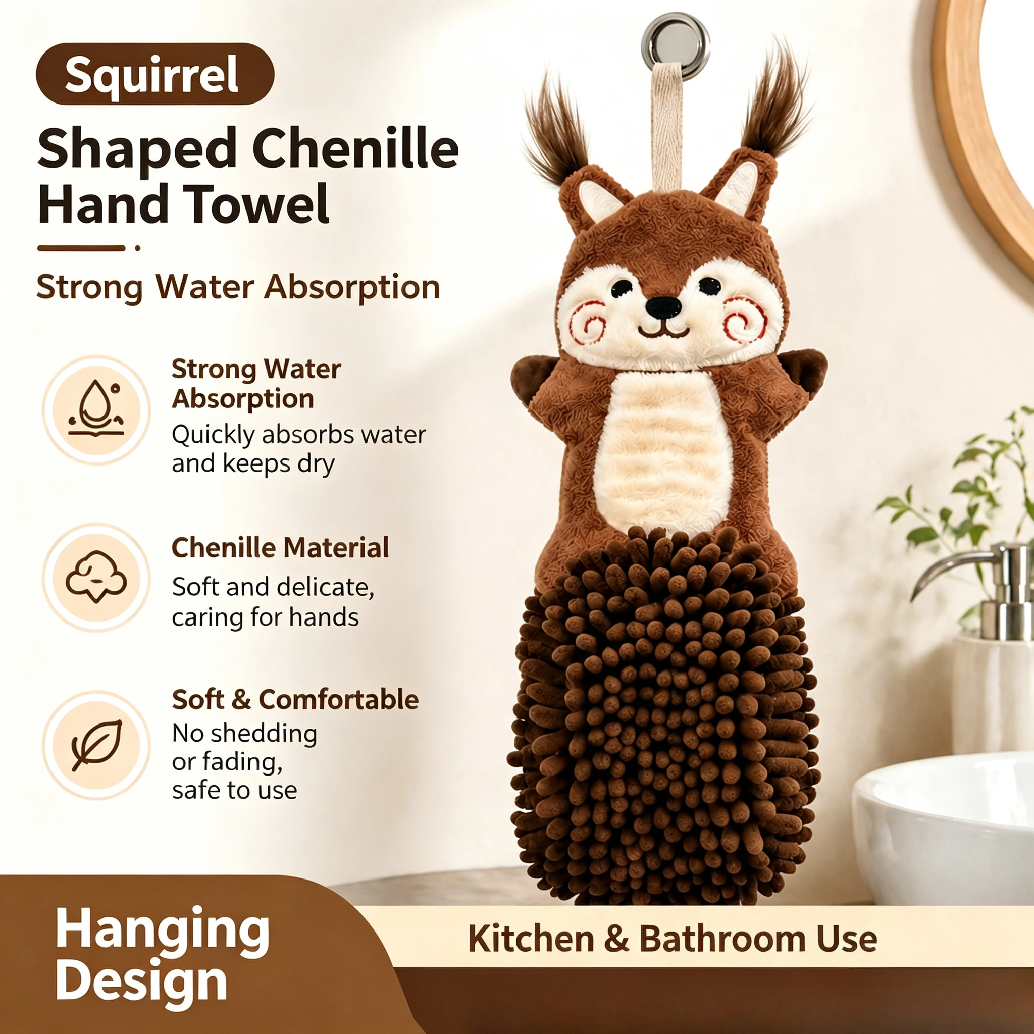 Chenille Hand Towel, Cute Fox Shape Absorbent Hanging Dish Towel, Soft Quick Dry Hand Wipe for Kitchen Bathroom Decor