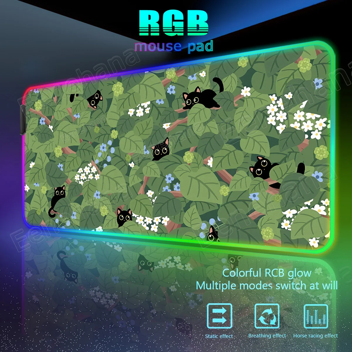 

Kawaii Черный Кот Зеленое Растение RGB Подсветка Игровой Коврик Для Мыши Аксессуары Для Геймеров Большой Светодиодный Свет Симпатичные Настольные Коврики ПК Компьютерные Ковры