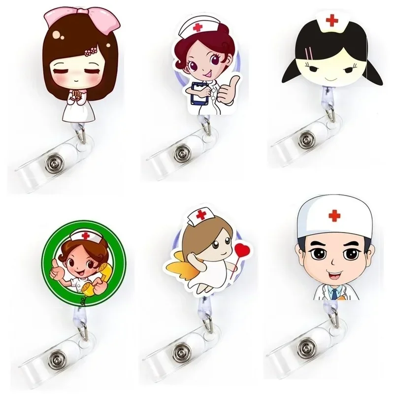 1pc Cute Cartoon Badge Reel Nurse Doctor Working Permit Clip Retractable Exhibition ID Card Holder Clips Easy To Pull Badge Reel