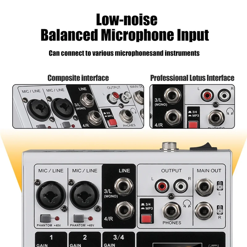 

B92B-4 Channels Mixing Console Portable DJ Karaoke Audio Mixer XLR Bluetooth 48V Phantom Power For PC MP3 Recording EU PLUG