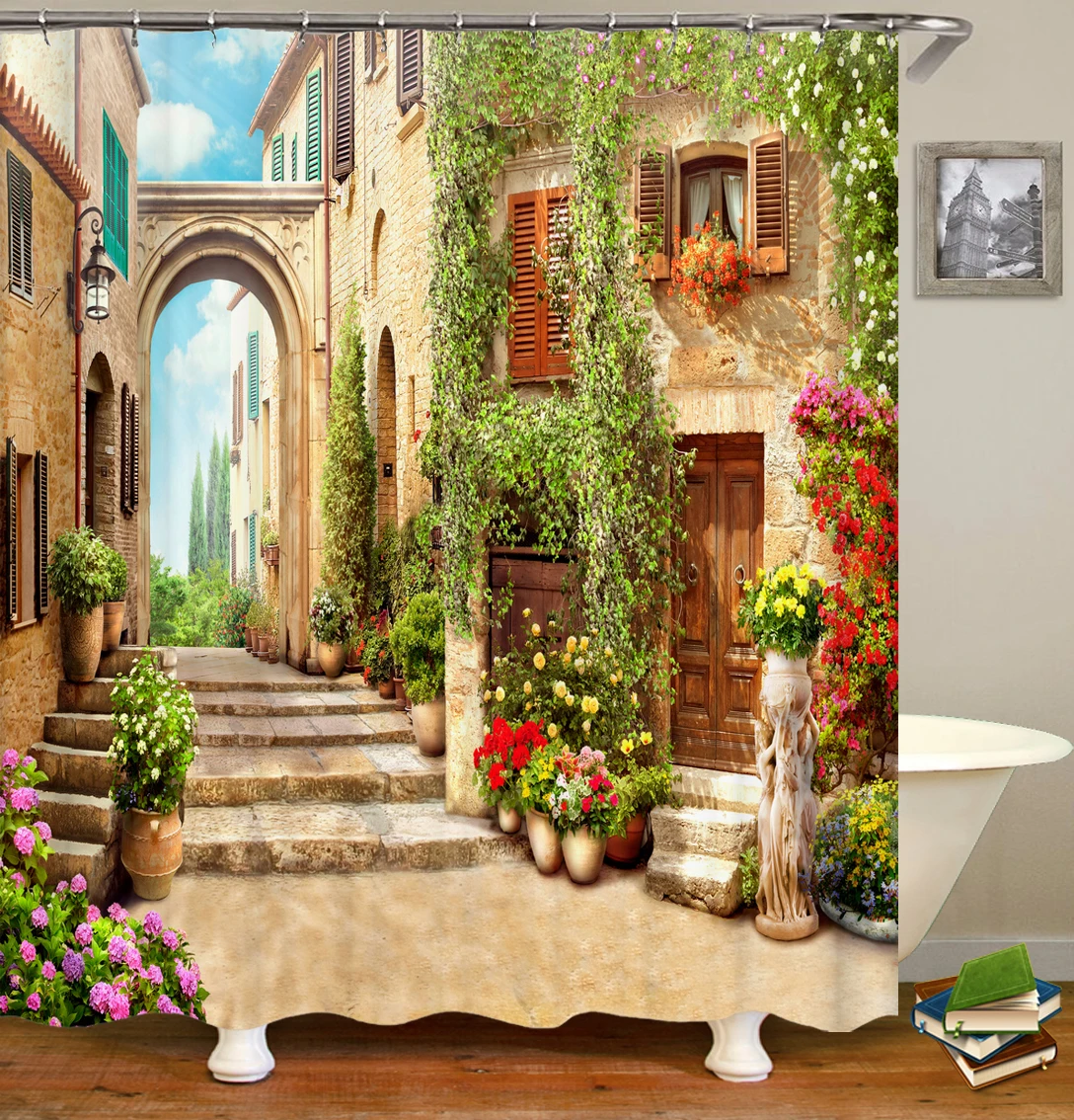 Idyllic flower scenery shower curtain bathroom shower curtain fabric shower curtain with hook waterproof bathroom screen