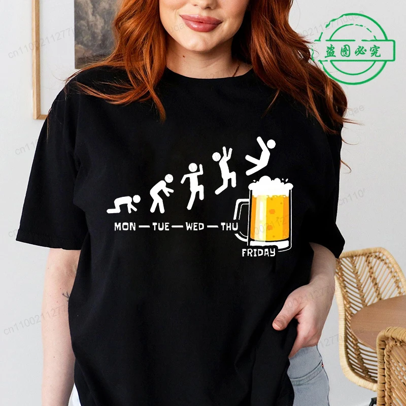 Women T Shirt Monday To Friday Drink Beer Funny Sports Fashion Casual T-shirt Skeleton FRIDAY Beer Graphic Tshirts Women Clothes
