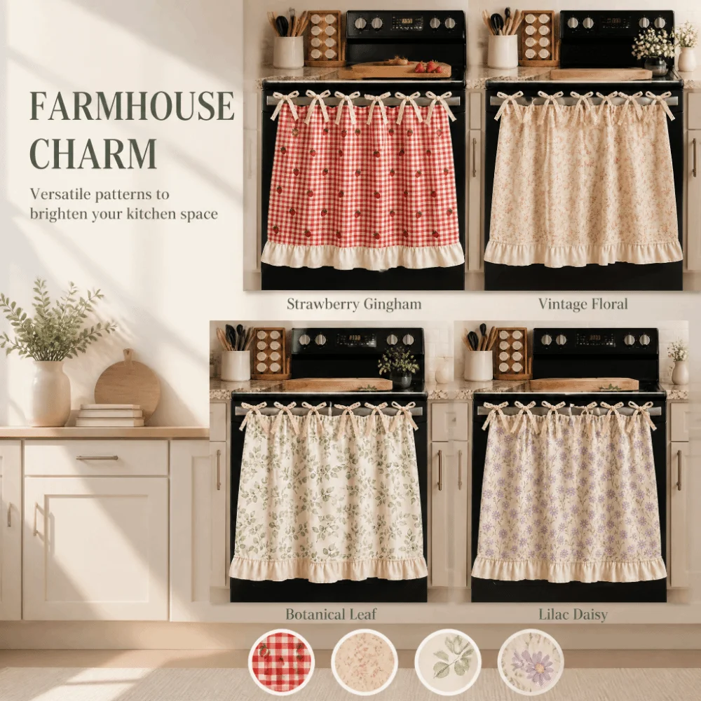 Ruffle Trim Bow Tie Oven Cover Curtain Cotton Linen Blend Plaid Floral Print Rustic Oven Decor Curtain Dust-proof No Drilling