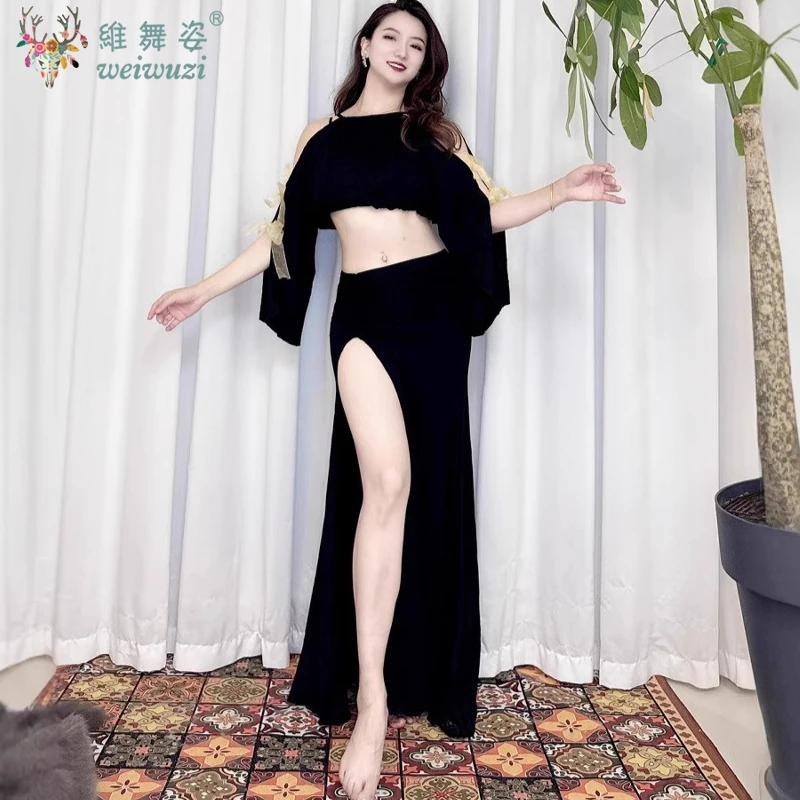 Danse du ventre femme adulte élégant Modal haut vêtements d'entraînement costume Oriental Dancewear taille haute chemise jupe longue ensemble de performance