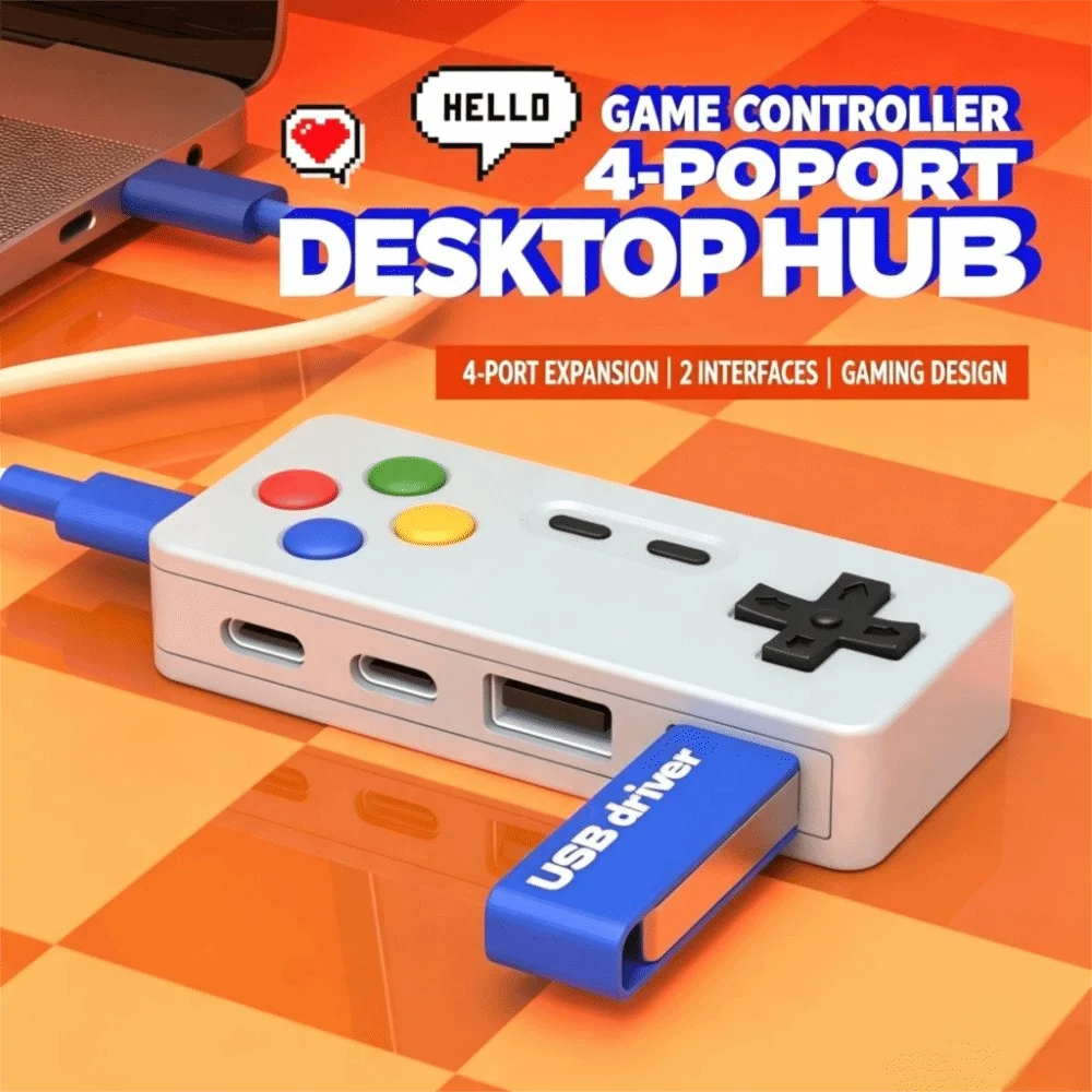 Creative Game Controller Game Controller USB Hub 4-In-1 Type-C USB Expander Gamepad shape Portable USB-C Adapter For Computer