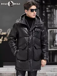 Mens Genuine Leather Down Coat Zipper New 2024 Winter Thicken Warm Hooded Overcoat Casual Medium Length Sheepskin Coat Size 5XL