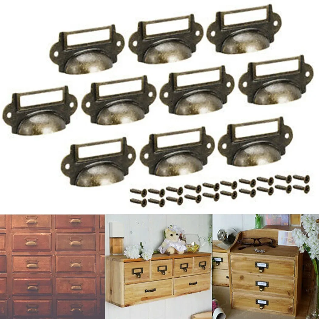 10pcs Cabinet Handle Drawer Handle With Label-Holder Vintage Brass With Screw Jewelry Box Archives Cabinet Medicine Cabinet