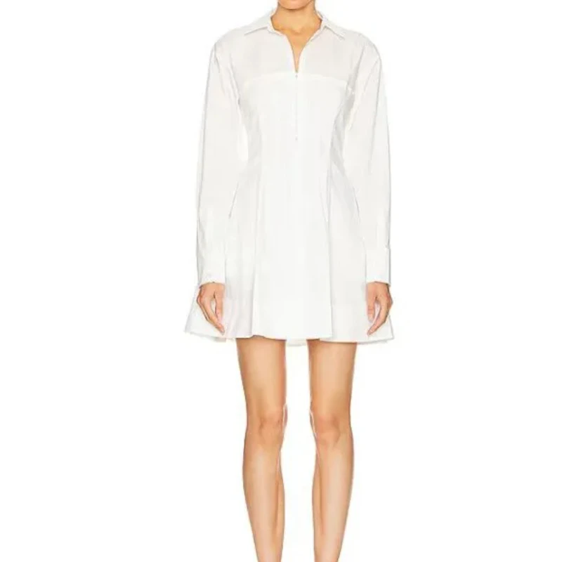 Women White Mini Shirt Dress Covered Buckle Turn-down Collar Full Sleeve dress