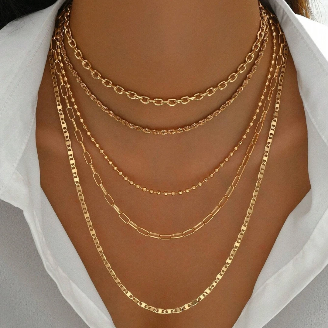 5pcs/Set Simple Braided Bead Chain Necklaces, Gold Tone, Layered Pendant Necklace Set For Women Daily And Party Wear