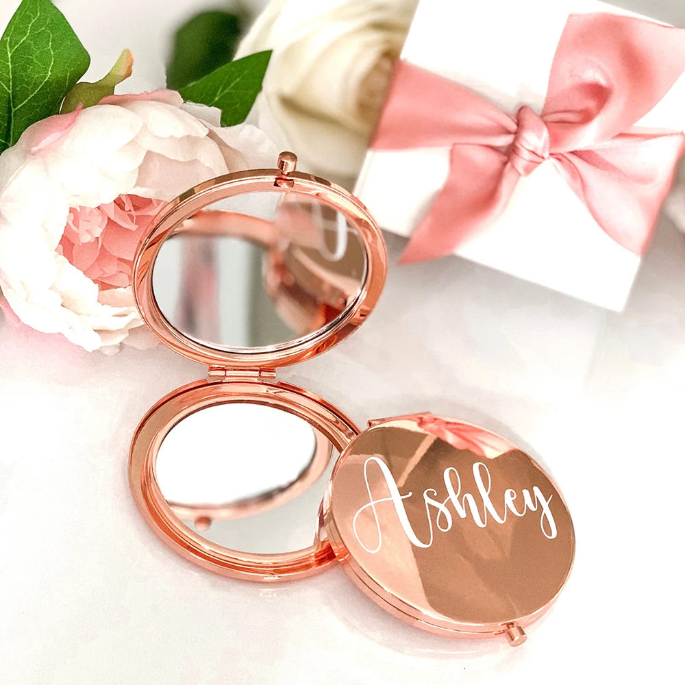 Compact Makeup Personalized Mirror Simple Metal Custom Portable Double-Sided Folding Mirror Wedding Guest Gifts 7cm