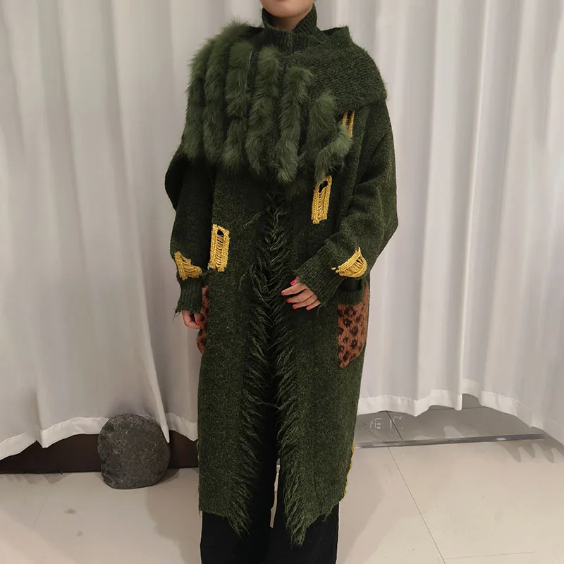 Women Oversize Long Cardigan Coat With Real Fox Fur Fashion Long Sleeve Plus Size Autumn Genuine Fox Fur Trimming Outwear