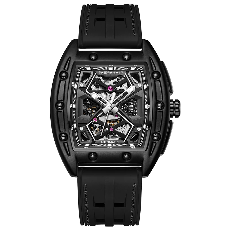 

Mark Fairwhale Men Automatic Watch 42mm Luxury Tonneau Watches Mechanical Wristwatch Waterproof Luminous Skeleton Dial Black