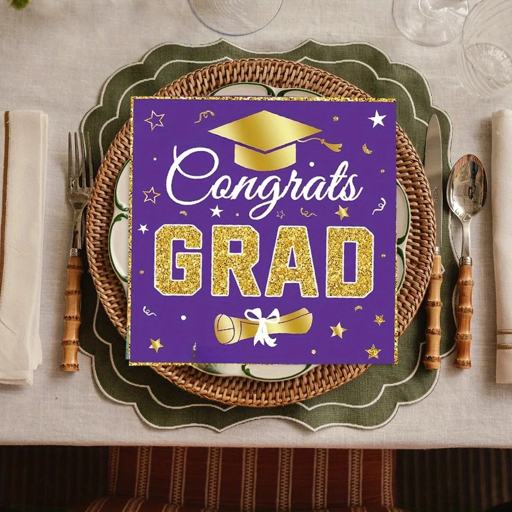 

48pcs Congrats Grad Disposable Napkins 33*33cm Square Paper Placemat For DIY High School Graduation Table Dinner Layout Decor