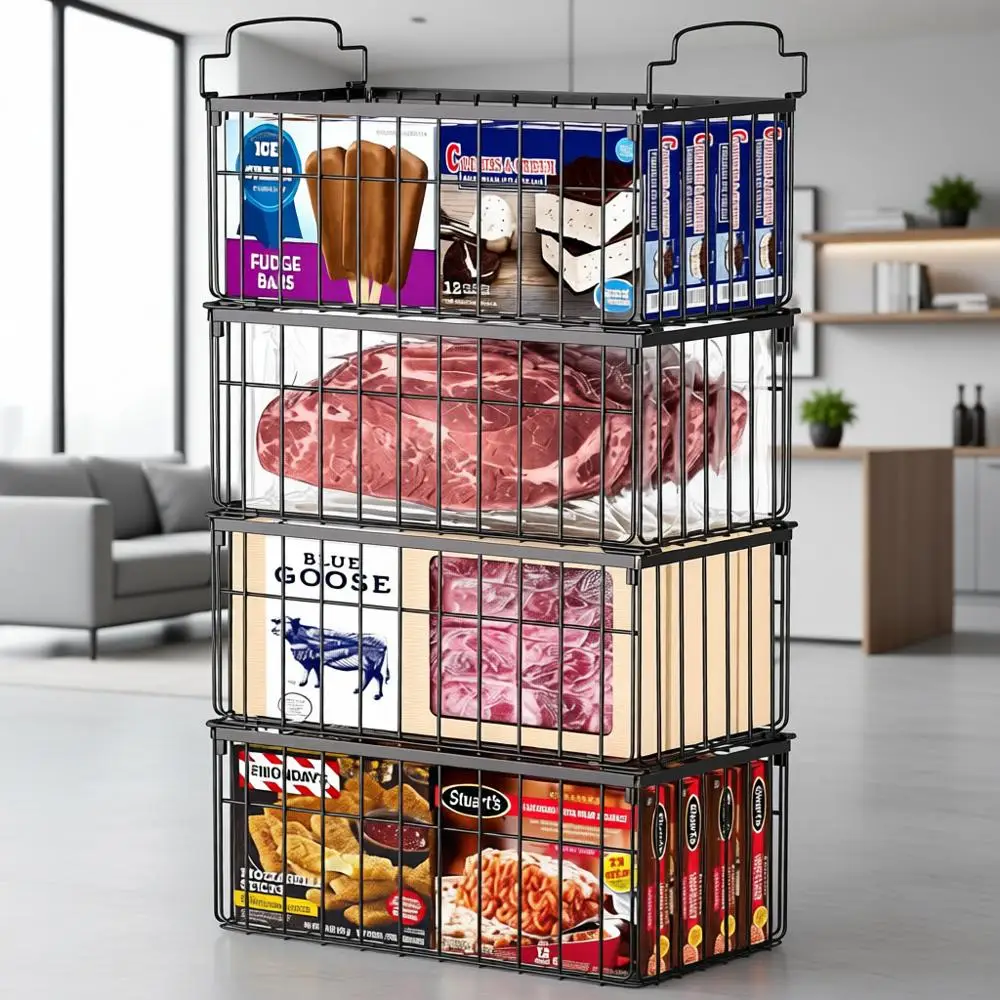 

Набор из 4 штабелируемых контейнеров для морозильной камеры с ручками, черные корзины для хранения замороженных продуктов, 5/7 куб. футов. фут.