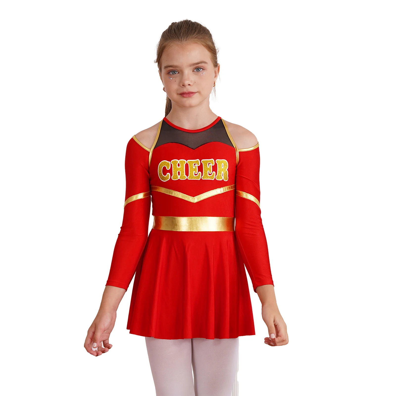 Uniforme de porristas para niñas, traje de baile de animación, trajes de baile latino de Ballet, vestido de leotardo de Ballet de manga larga con estampado de letras