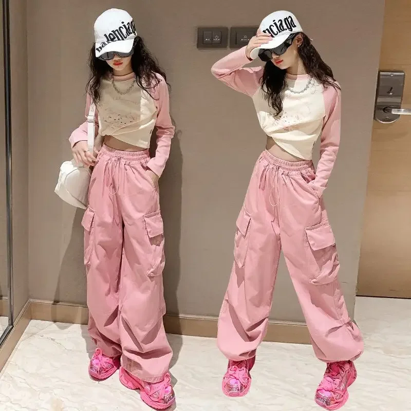 بنطال رياضي هيب هوب للأطفال ، بنطلون كارجو للفتيات ، بنطلون مستقيم للمراهقات ، خصر مرتفع ، ملابس الشارع الكلاسيكية غير الرسمية ، بنطلون فضفاض ، 5-14 سنة