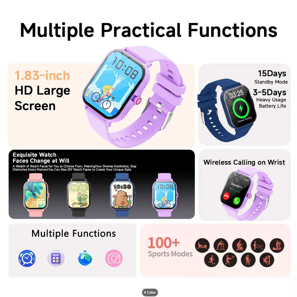 2026 1.83”HD Screen Bluetooth Call Pedometer Waterproof Smart Watch Sports Modes Sleep Monitoring Smartwatch Men Kids Watch HT30