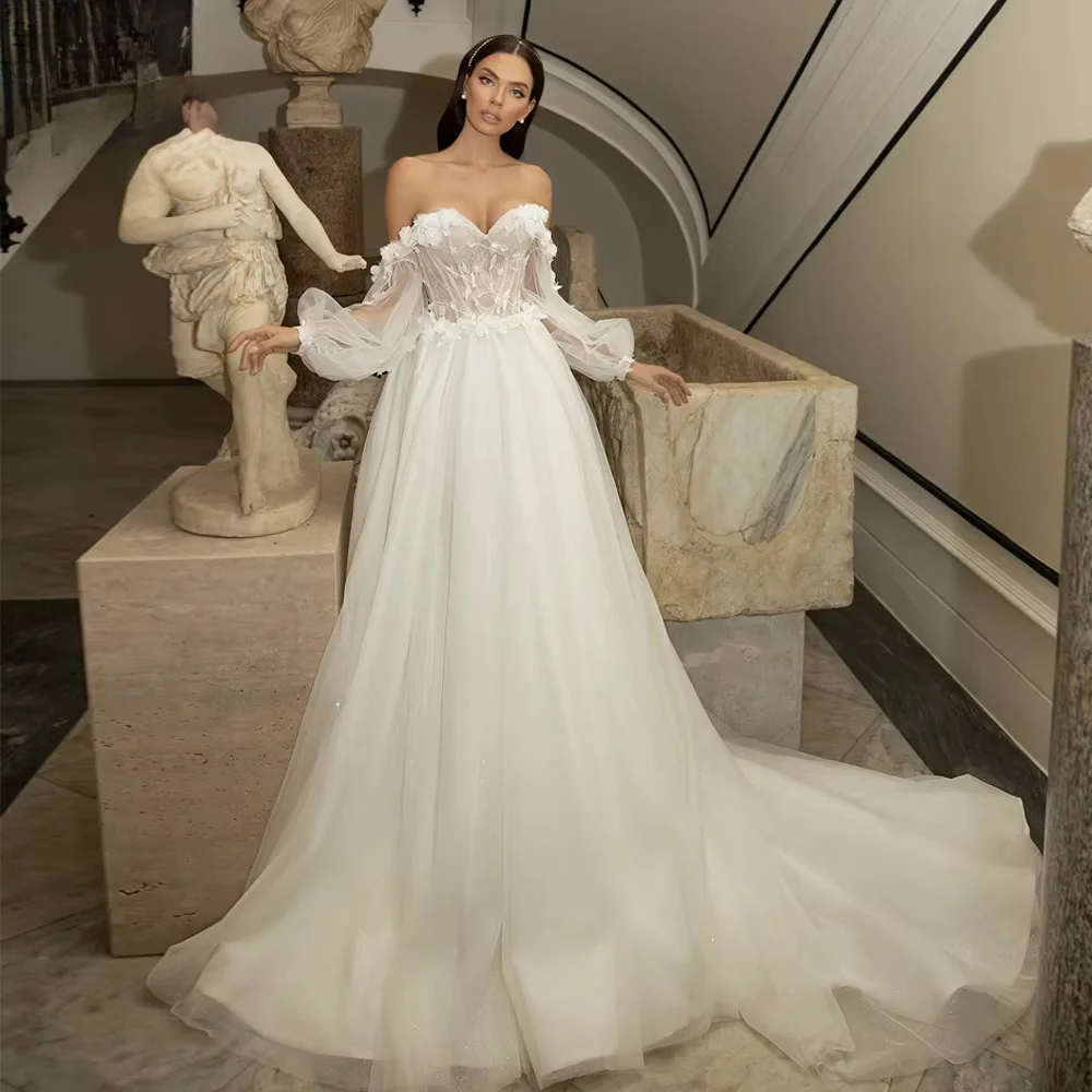 

Customzied A-Line Wedding Dresses Strapless Puff Sleeve Appliques 3D Flowers Made Robe De Mariee Vestidos De Novia