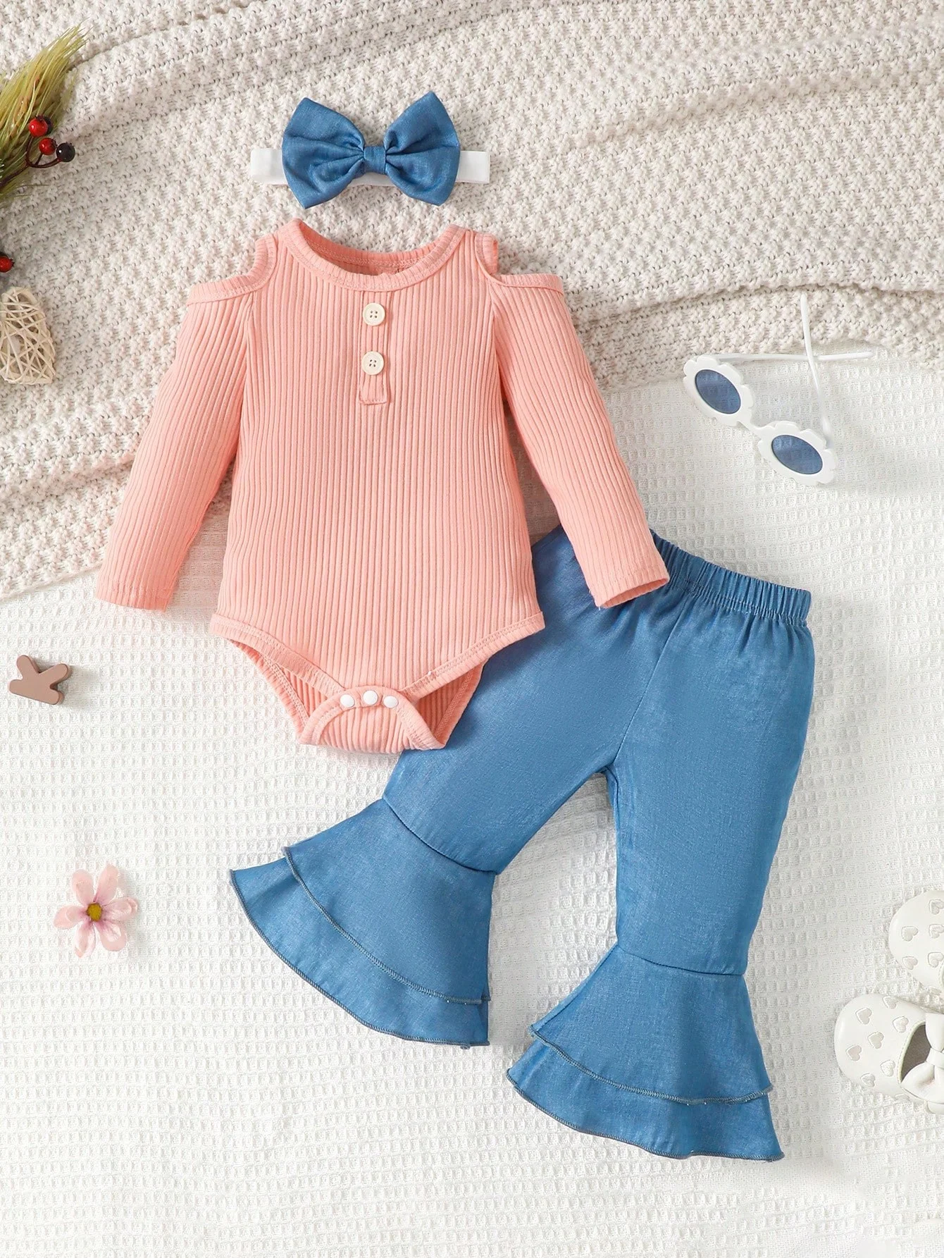 Baby Girl Spring and autumn long-sleeved one-piece dress with imitation jeans bell-bottoms two-piece set