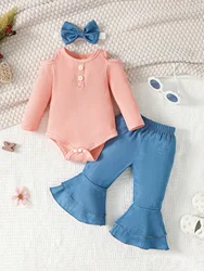 Baby Girl Spring and autumn long-sleeved one-piece dress with imitation jeans bell-bottoms two-piece set