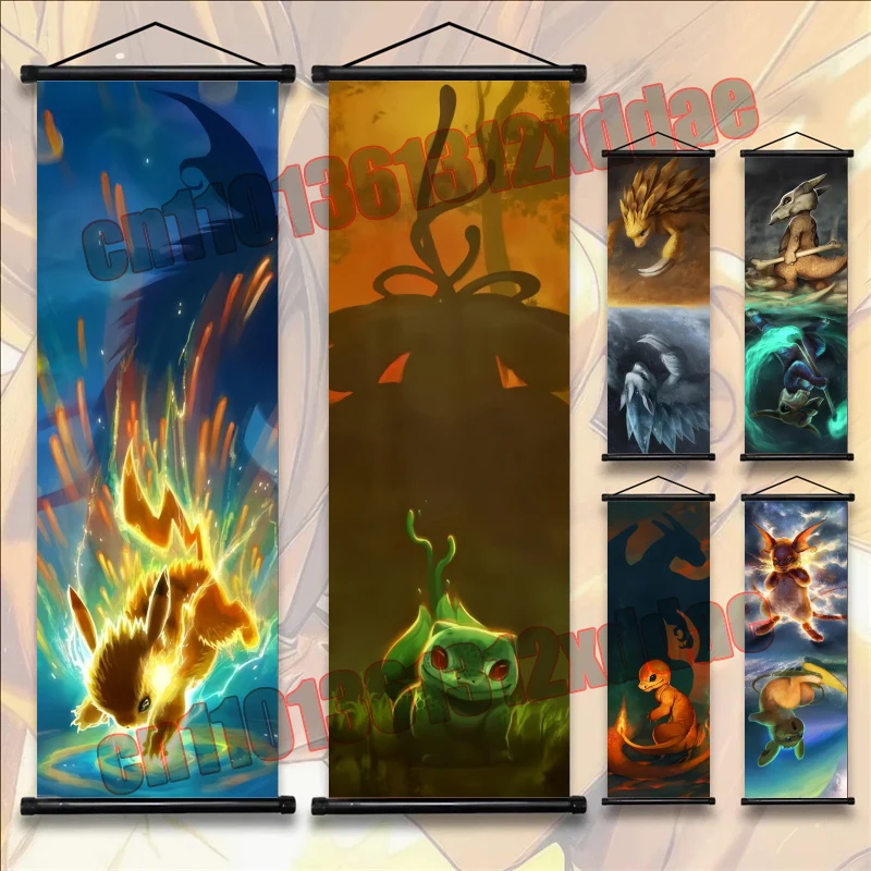 

Anime Pokemon Poster, Bulbasaur, Squirtle, Pikachu, Print Art White Canvas Vintage Scrolls Painting Bedroom Decor Art Painting