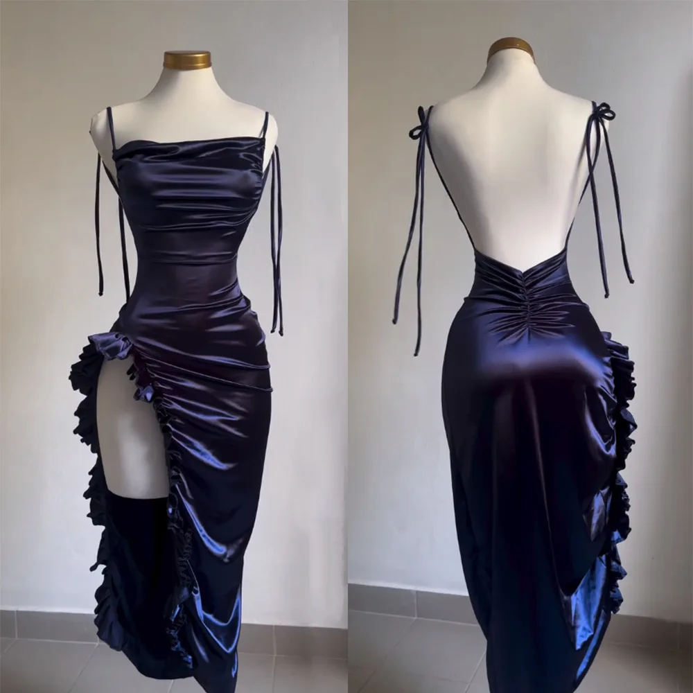 Sexy Satin Bodycon Long Dress Women Vintage Backless Strapless Ruffles Fork Party Club Elegant Evening Dresses Female Vestidos