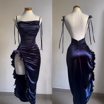 Image Sexy Satin Bodycon Long Dress Women Vintage Backless Strapless Ruffles Fork Party Club Elegant Evening Dresses Female Vestidos