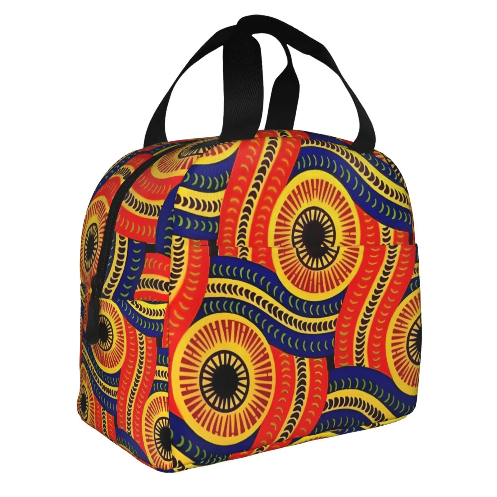 African Ethnic Geometric Colorful Pattern Lunch Tote Bag Insulated Leakproof Lunch Box Container with Front Pocket for Girls Boy