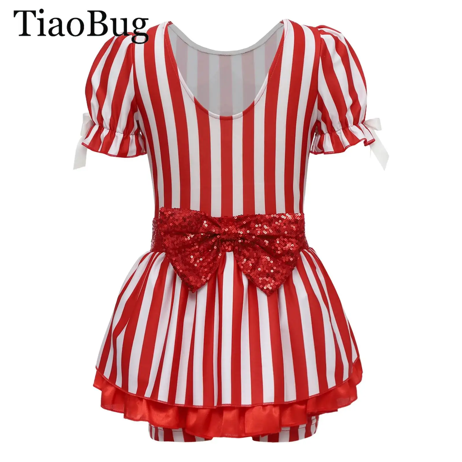 

Girls Candy Cane Christmas Shorty Unitard Dress Puffy Sleeve Xmas Sequin Bowknot Striped One Piece Bodysuit Jazz Ballet Jumpsuit