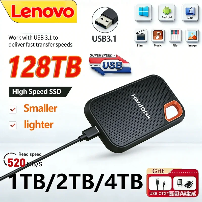 

Внешний SSD-накопитель Lenovo E60 2 ТБ, 8 ТБ, 128 ТБ USB 3.1 для ноутбуков, PS5 и мобильных устройств